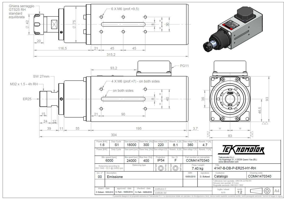Spindelmotor ER25-1.6 KW 10000 - 24000 rpm - 2
