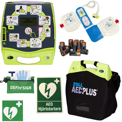 Zoll AED Plus Hjärtstartare. Inklusive  original bärväska, första hjälpen väska med  bl.a. andningsmask, skyltmaterial m.m. 