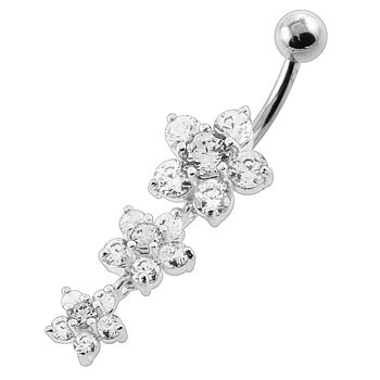 Belly button piercing with hanging three flowers-white crystals