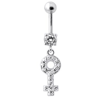 Navelpiercing i allergivänligt kirurgiskt stål med kvinnosymbol i äkta silver och små gnistrande kristaller
