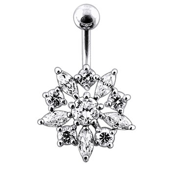 Navelpiercing i allergivänligt material med stora kristaller som ger formen av en blomma