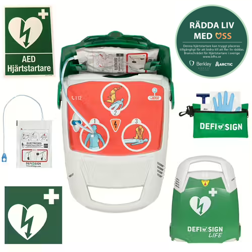 DefiSign LIFE AED hjärtstartare. Inklusive AED skylt, AED klisteretikett, Helförsäkring utan självrisk, första hjälpen väska m.m.