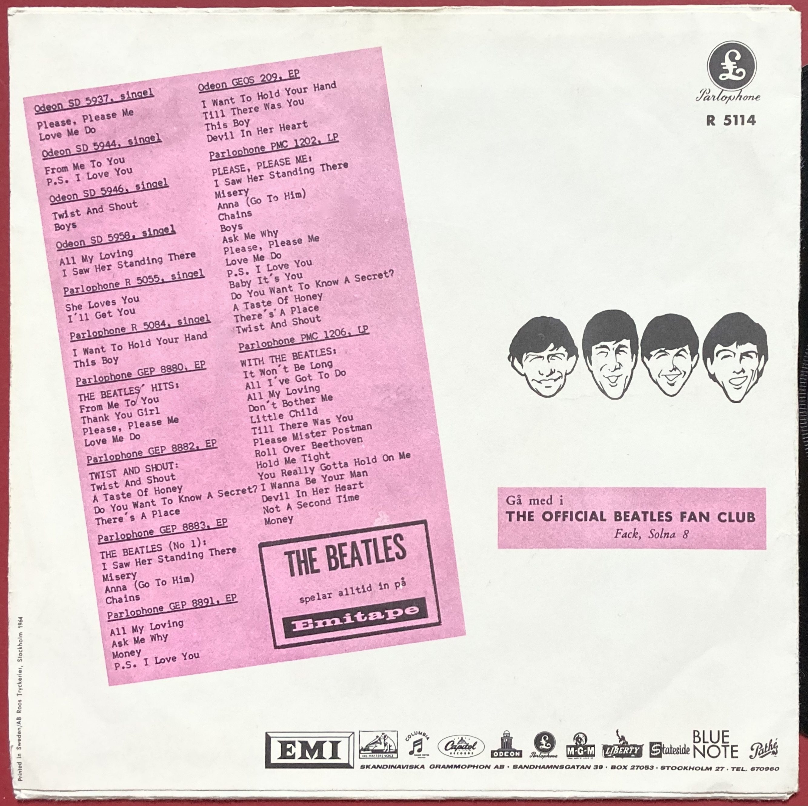 BEATLES - Can´t buy me love 7" Pink Swe PS 1964 - 2