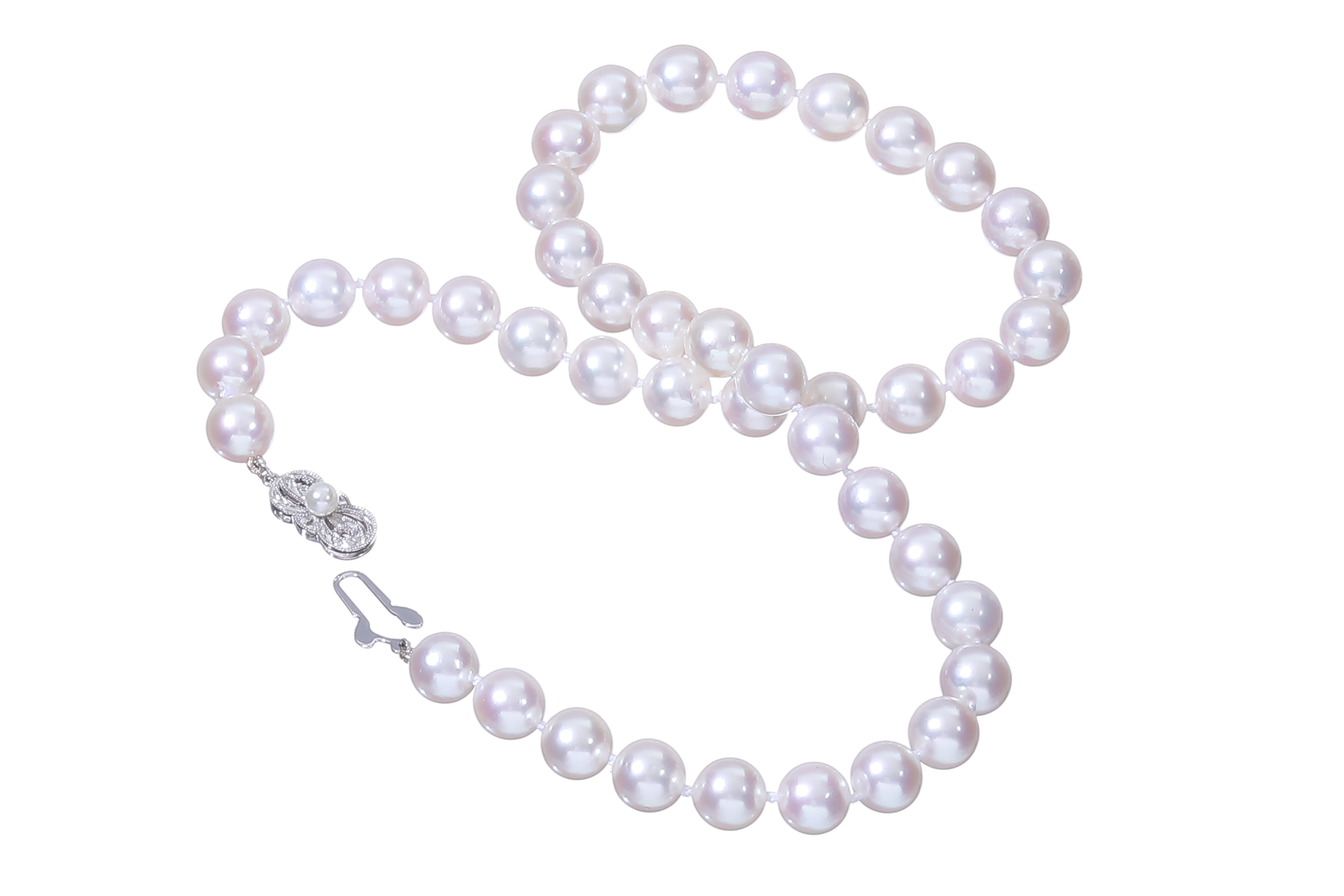 Collana di perle Akoya grandi di qualità AA da 9-9,5 mm con chiusura in oro bianco 