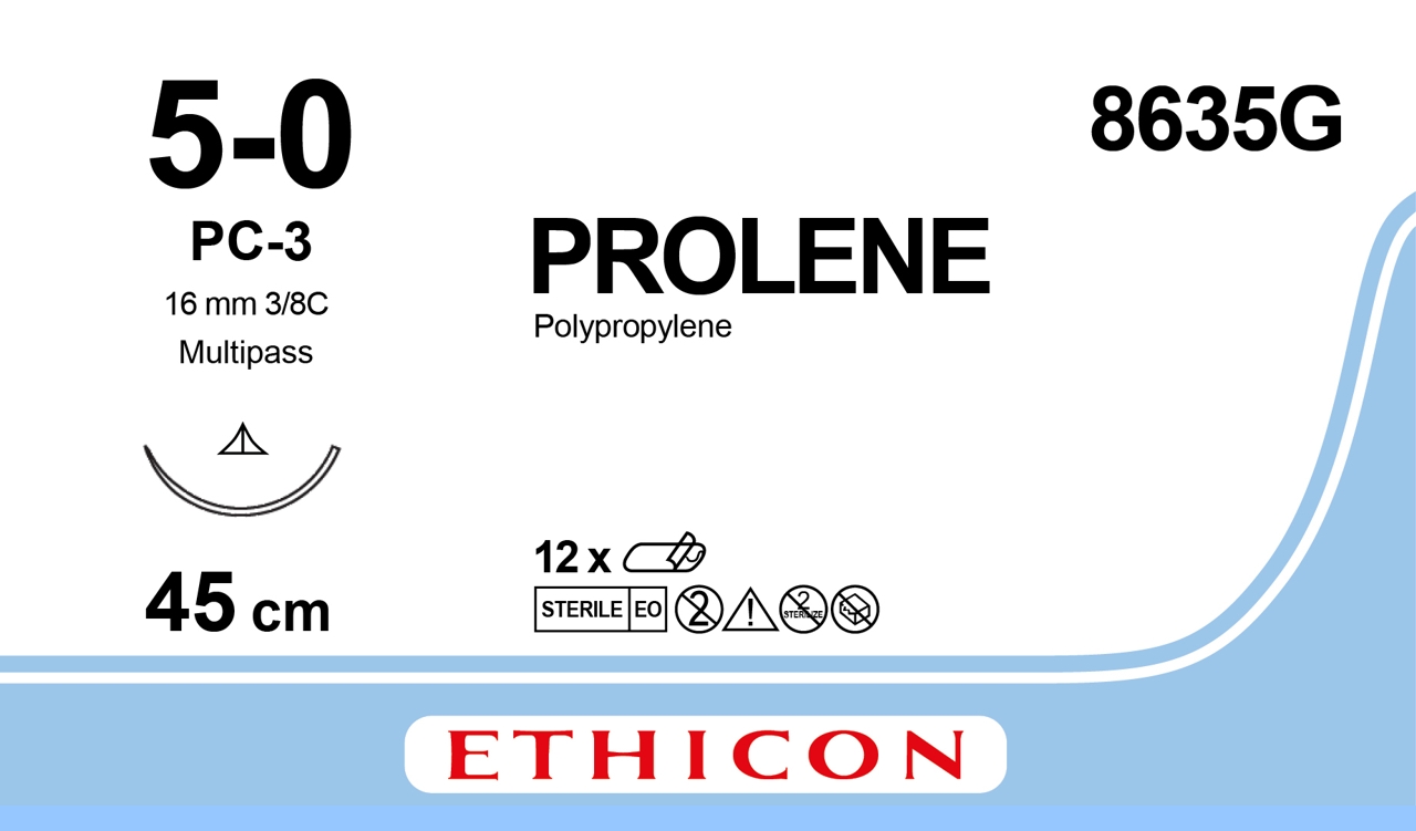 Prolene suture 5-0, 8635H, PC-3 Prime MP needle, 45 cm blue