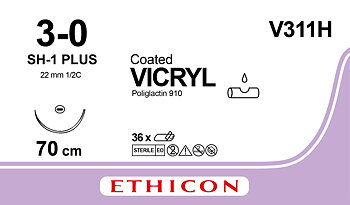 Vicryl suture 3-0, V311H, SH-1 needle, 70 cm purple