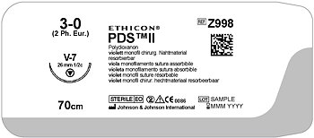 PDS II Suture 3-0, Z998H, V-7 needle, 70 cm purple