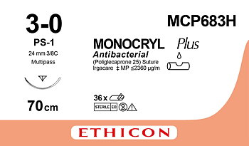 Monocryl plus suture 3-0, MCP683H, PS-1 70 cm undyed