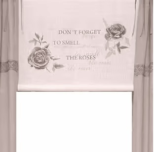 Hissgardin Don´t forget to smell the Roses vit linnebeige rosor lantlig stil
