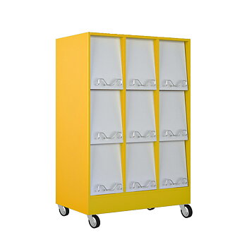 MINI-MAG – 9-Pocket Display on Wheels, magazine display with three compartments across and flip-front doors for display plus hidden storage behind individual doors. Light grey doors as standard, shown with a yellow carcass.