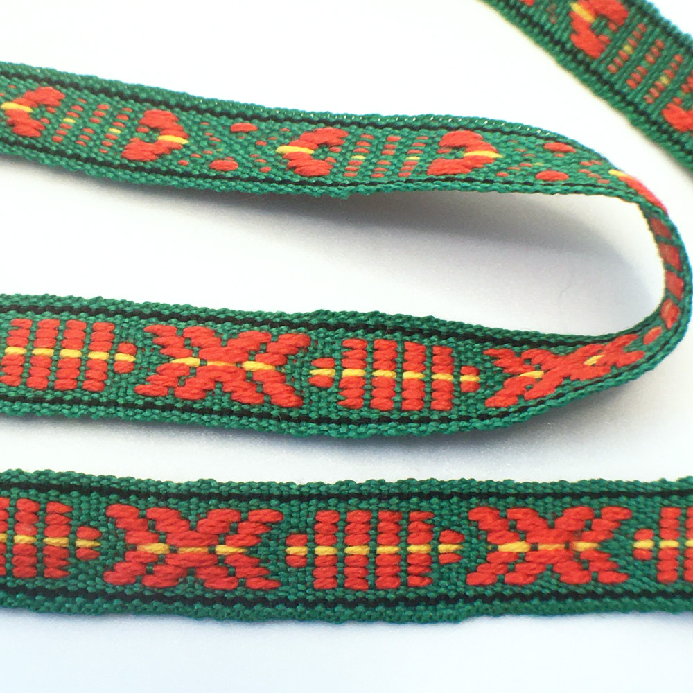Folk art ribbon 10 mm red, yellow on green THREE METER