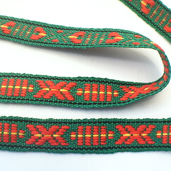 Folk art ribbon 10 mm red, yellow on green THREE METER