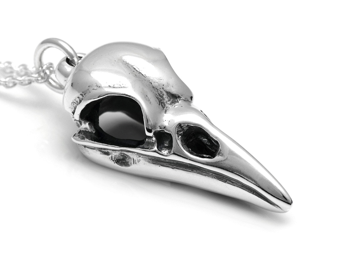 Korpskalle Halsband, Korp Döskalle Hänge, Fågelskalle Smycke i Äkta Silver