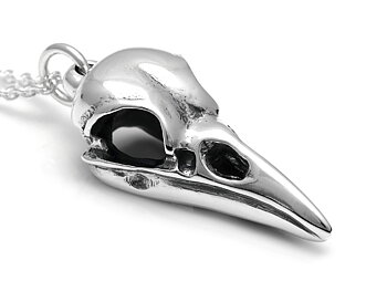 Korpskalle Halsband, Korp Döskalle Hänge, Fågelskalle Smycke i Äkta Silver