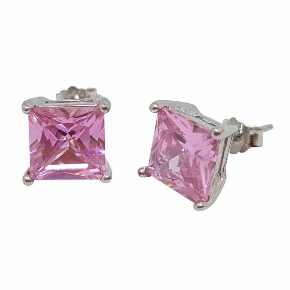 Örhänge i silver med 7 mm stora glittriga, rosa kristaller