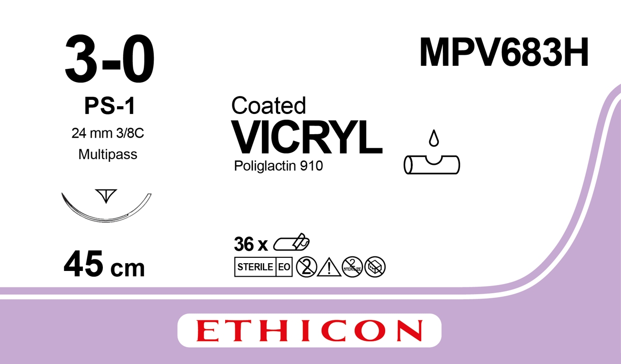 Vicryl suture 3-0, MPV683H, PS-1 MP 45 cm undyed