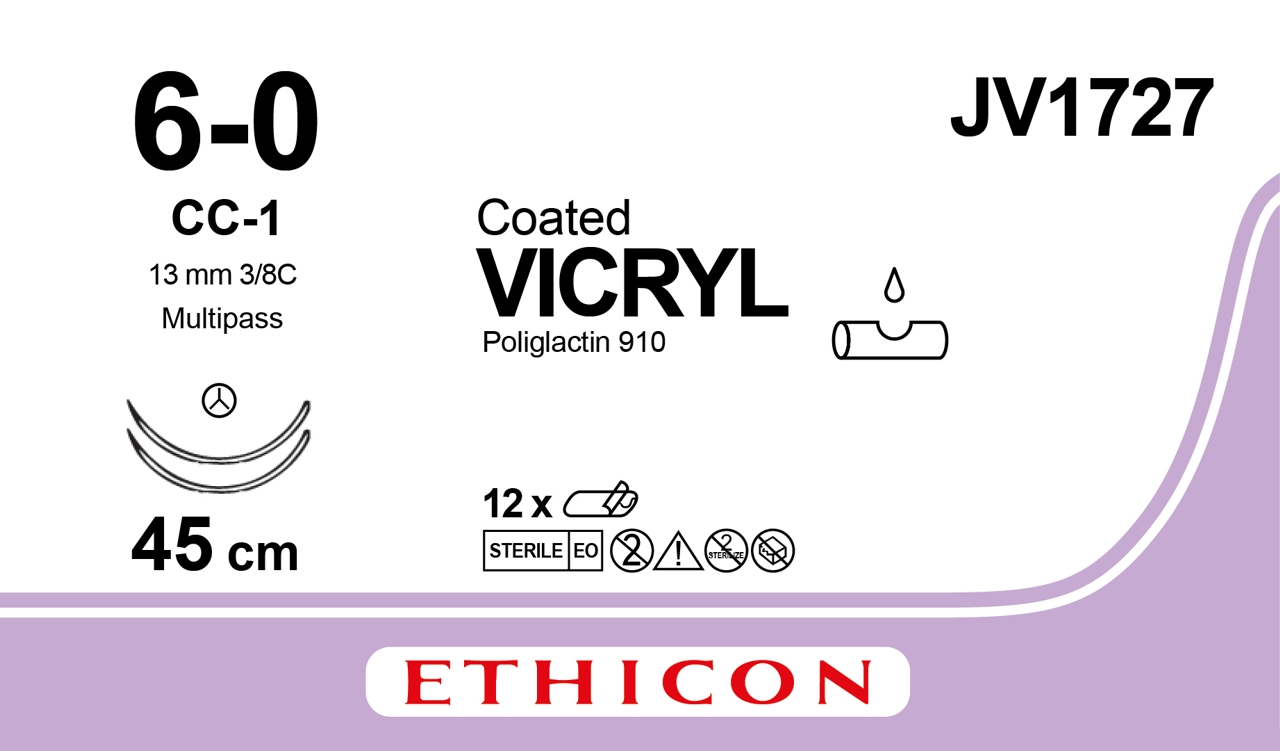 Vicryl sutur 6-0, JV1727, 2XCC-1 MP 45 cm undyed