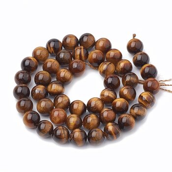 Tigeröga 8 mm rund hel sträng, runda bruna halvädelstenspärlor med naturliga skiftningar och hål ca 1 mm, visade på sträng.