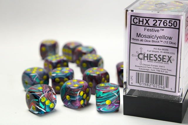 Chessex: Festive Mosaic/Yellow 16mm d6 Dice Block (12 dice)