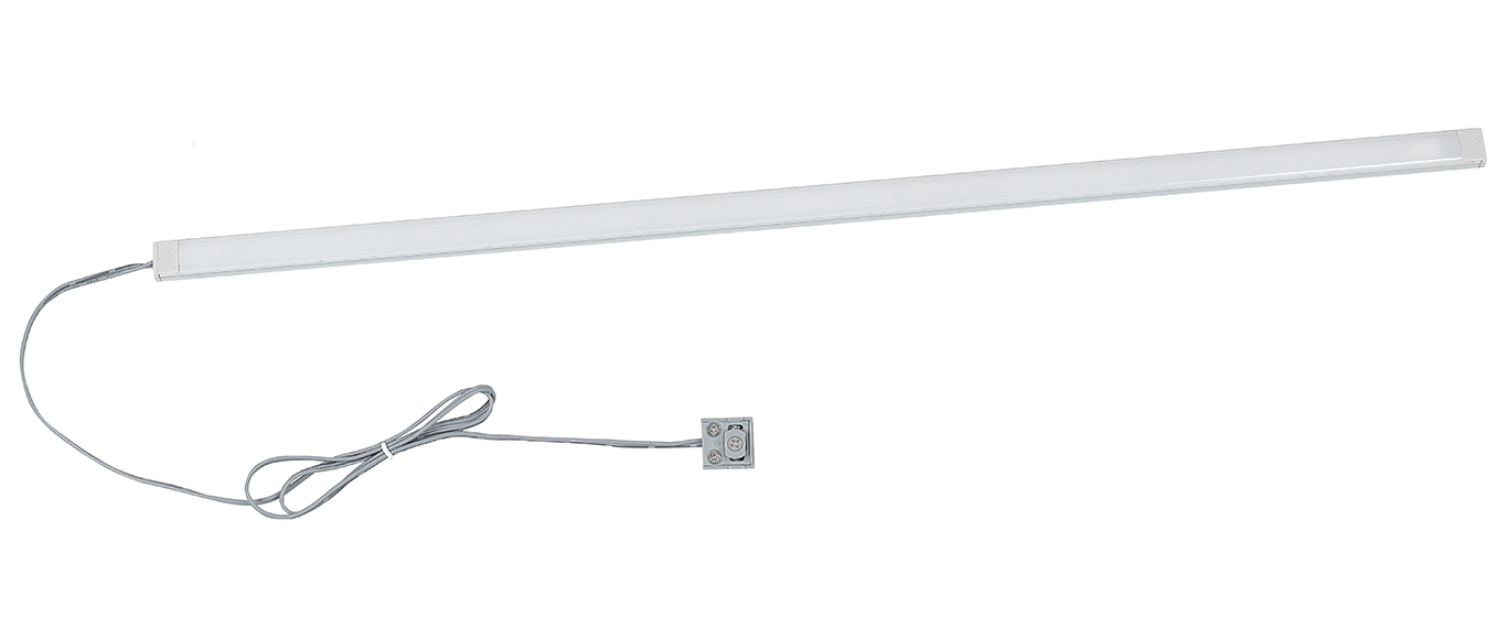Maggie Hyllbelysning 750 – smal LED-ljusskena monterad under hyllplan som lyser upp böcker med jämn belysning; magnetfäste för enkel montering.