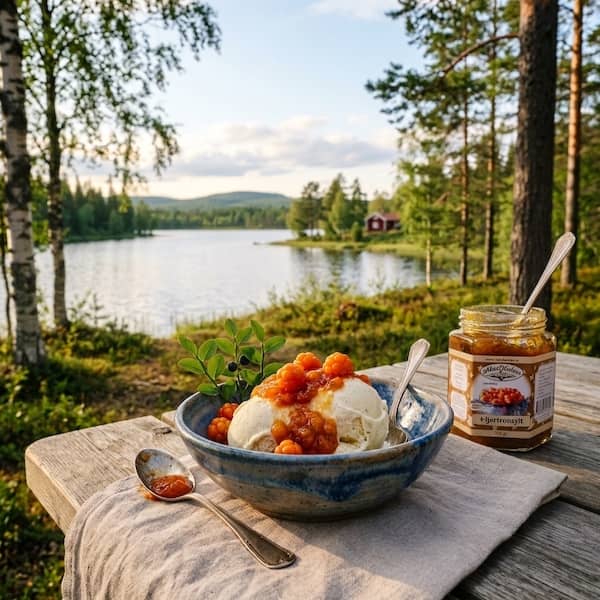 En skål vaniljglass toppad med hjortronsylt och färska hjortron bredvid en öppen burk Hjortronsylt från AlterHedens, placerad på ett träbord i norrländsk naturmiljö vid en sjö.