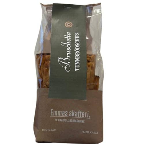 Förpackning med krispiga tunnbrödschips med smak av bruschetta.
