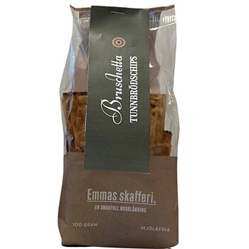 Förpackning med krispiga tunnbrödschips med smak av bruschetta.