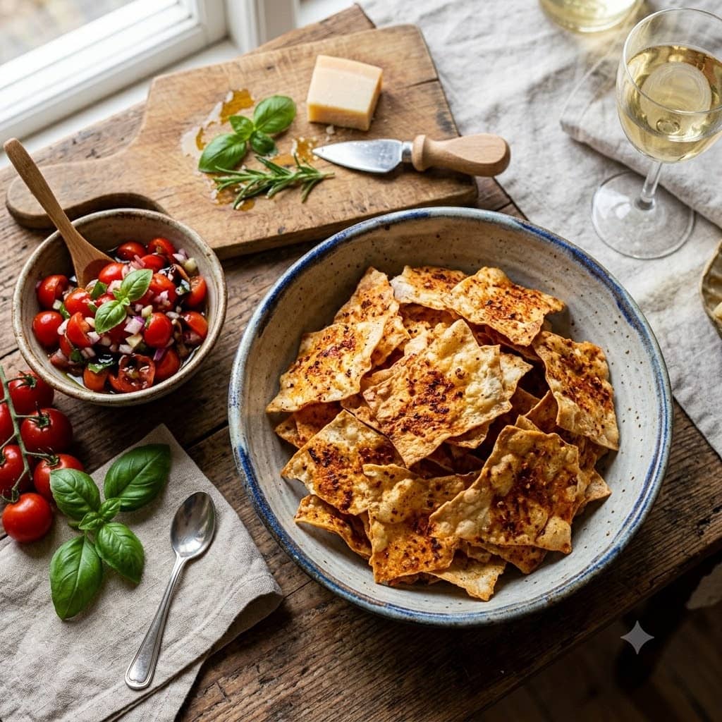 Krispiga tunnbrödschips i en stor skål serverade med en god ost