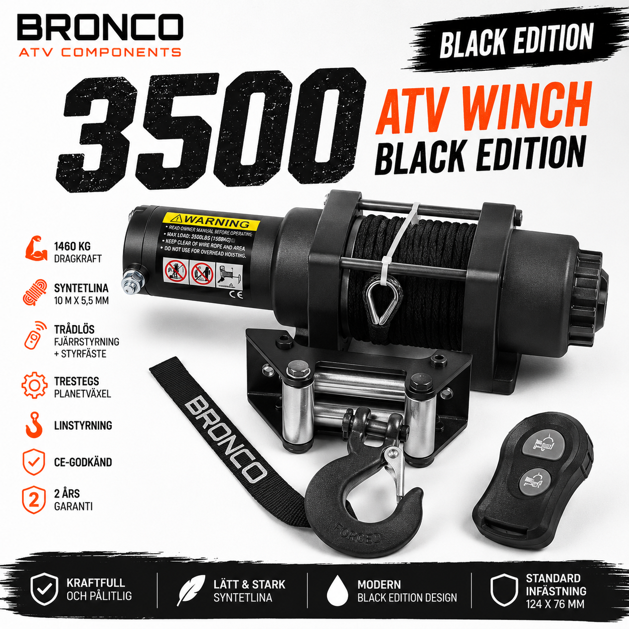 Bronco Black Edition 3500 lbs ATV Vinsch med Syntetlina