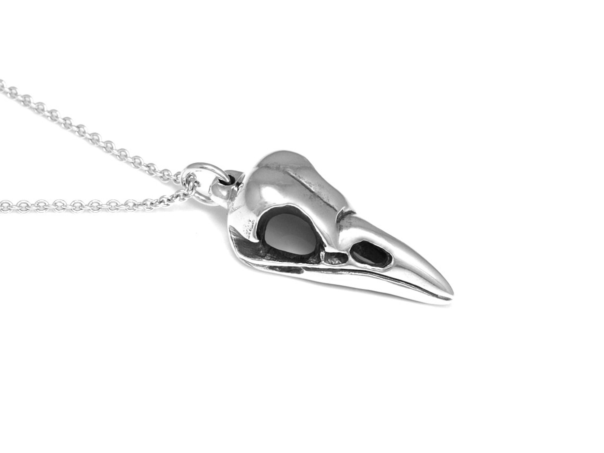 Kråkskalle Halsband, Kråka Döskalle Hänge, Fågelskalle Smycke i Äkta Silver - 2