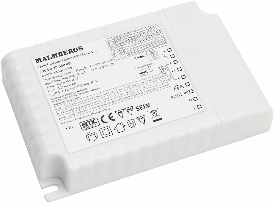 MALMBERGS MD Multidriver 50W 500-1200mA, 12VDC, 24VDC Push/1-10V dim