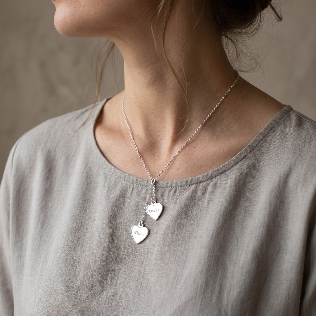 Två hjärtan, Halsband med gravyr - Silver - 3
