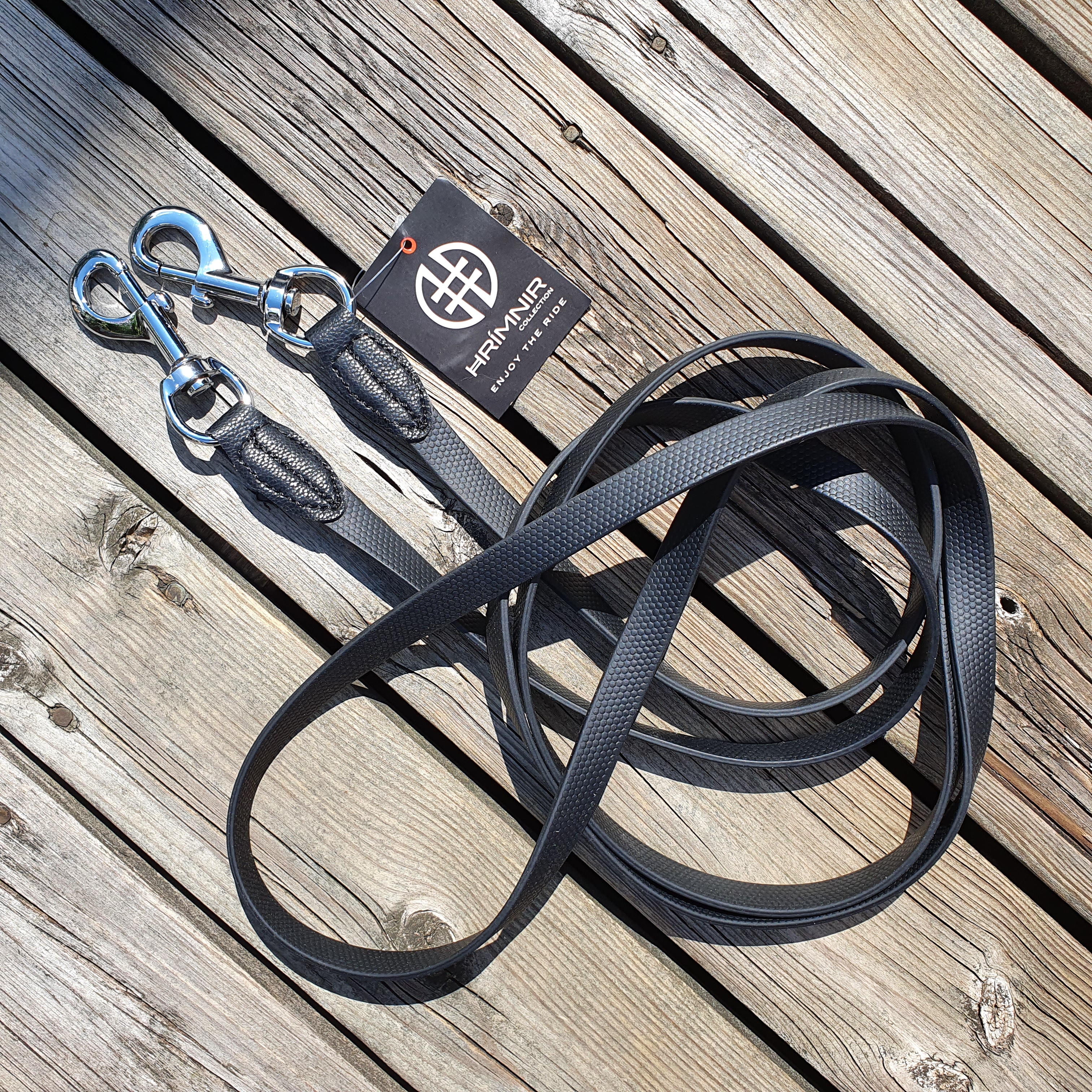Hrimnir Rubber reins tyglar i gummi mjuka & sköna i materialet. Ett nytt gummi matrial som ej blir hala vid regn mm. 254 cm långa 15 mm breda. - 3