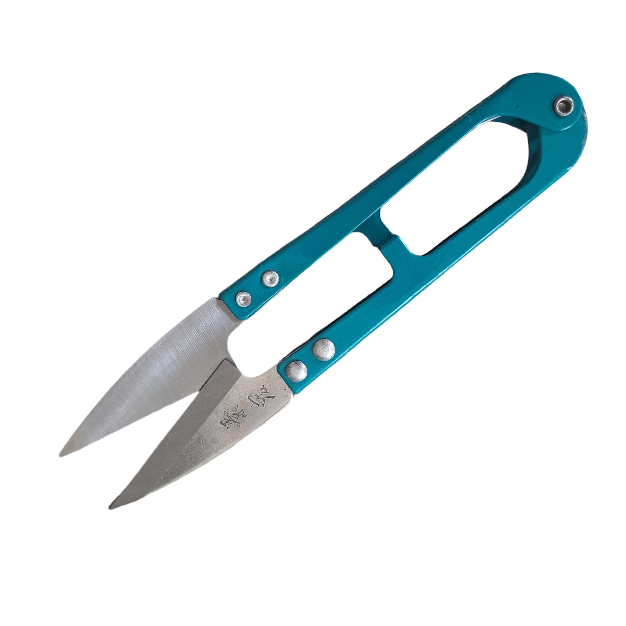 Trådsax  med  färgat metallhandtag.  12,5 cm.