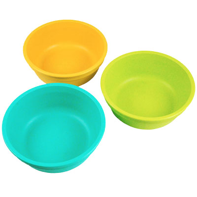3 babyskålar i blått orange och grönt