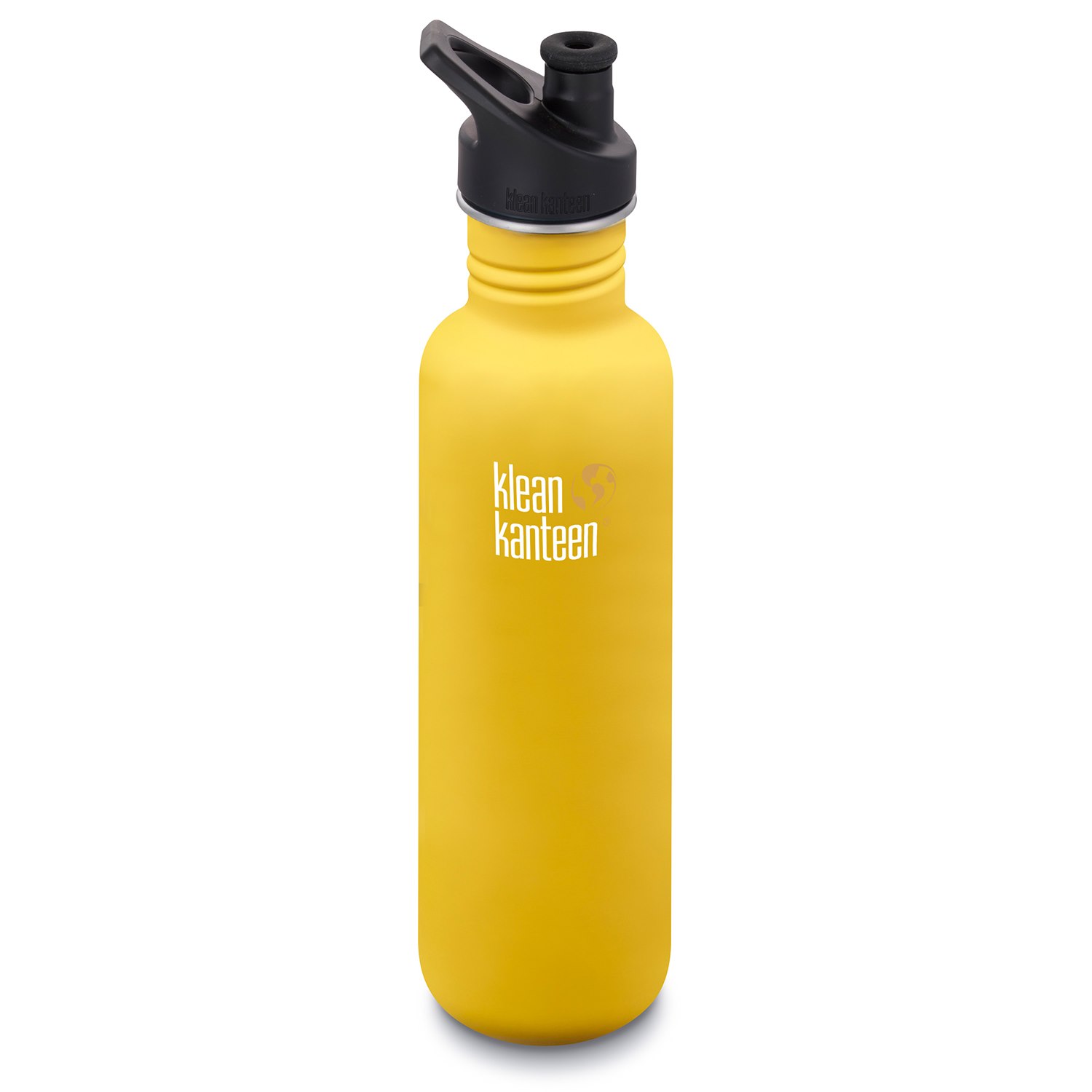 Keltainen teräksestä valmistettu Klean Kanteen urheilupullo