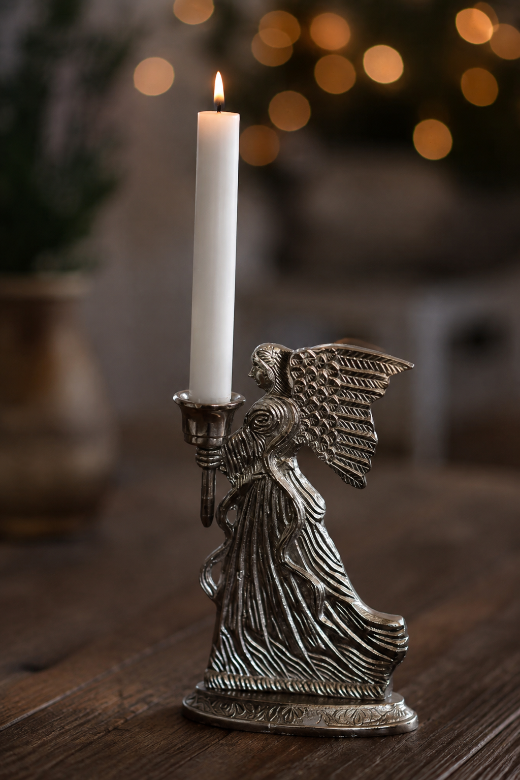 Ljusstake - Ljusbärare - Ängel - Antiksilver - 20 cm