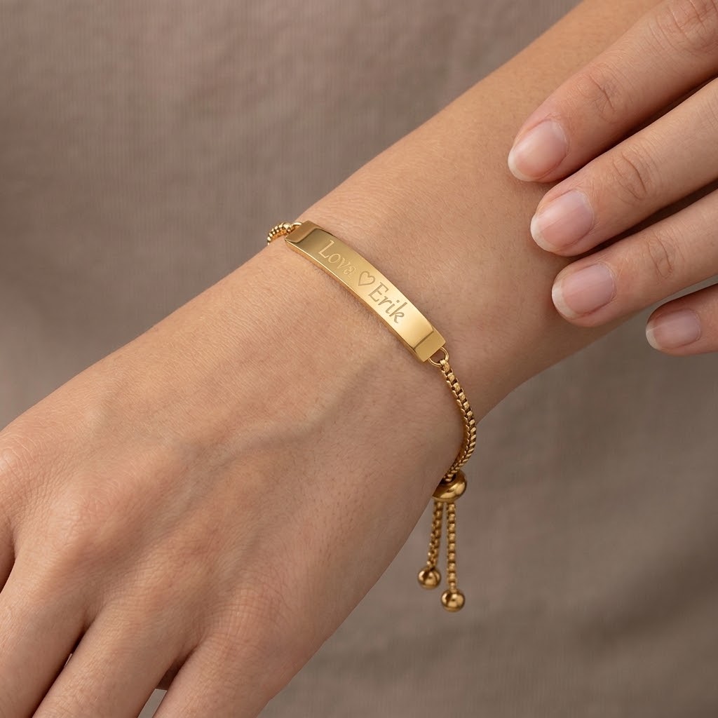 Inställbart personligt guld armband med gravyr - Rostfritt stål - 2