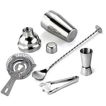Barset med cocktailshaker, barsked, jigger, cocktailsil och istång