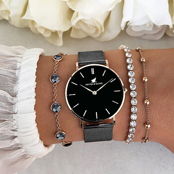 Black and Rose Gold Women's Watch, Black Dial, Mesh Strap