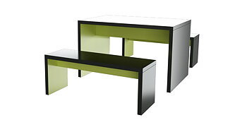 Ingrid Bench – seating bench designed to match Ingrid tables, sized to slide in and “hide” under the table, available in 11 colour and material finishes with edge banding matching the outside.