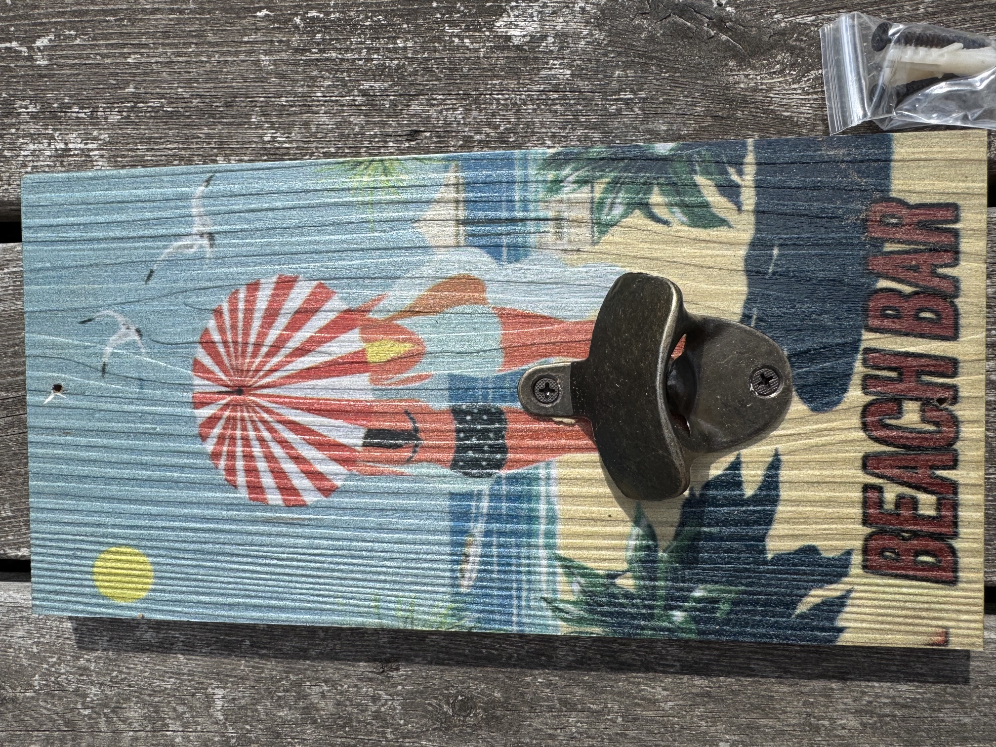 Wooden sign with bottle opener  - Beach Bar