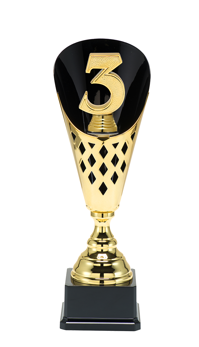 Guldpokal i metall 1:a, 2:a, 3:a Trophies  - 3 olika storlekar - Inklusive skylt med text - 3