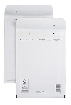 En vit påse i storleken 180 gånger 265 millimeter i 80 grams kraftpapper. Insidan är klädd i bubbelplast av polyeten.