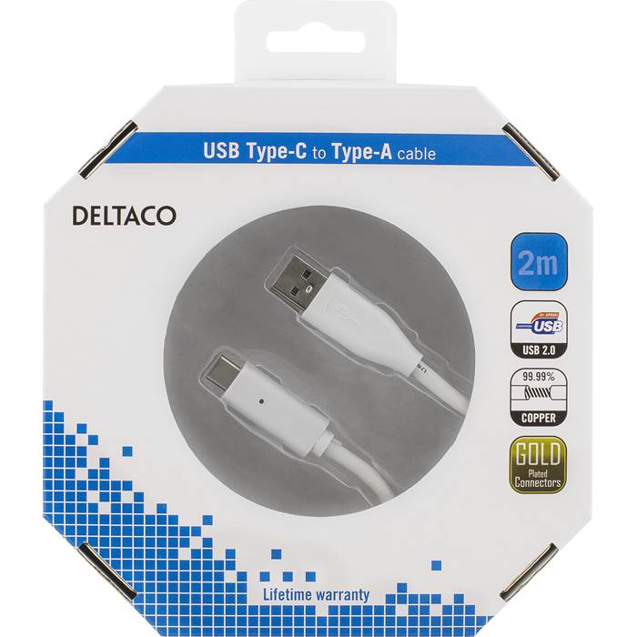 USB-C - A 2.0 Deltaco vit 2m - 2