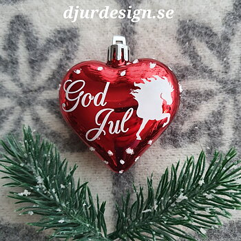 Nr 03 Julkula röd blank islandshäst God Jul text vit snö glitter prickar.