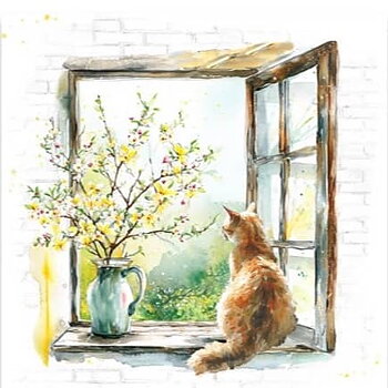 Servett med katt i fönster, 33 x 33 cm