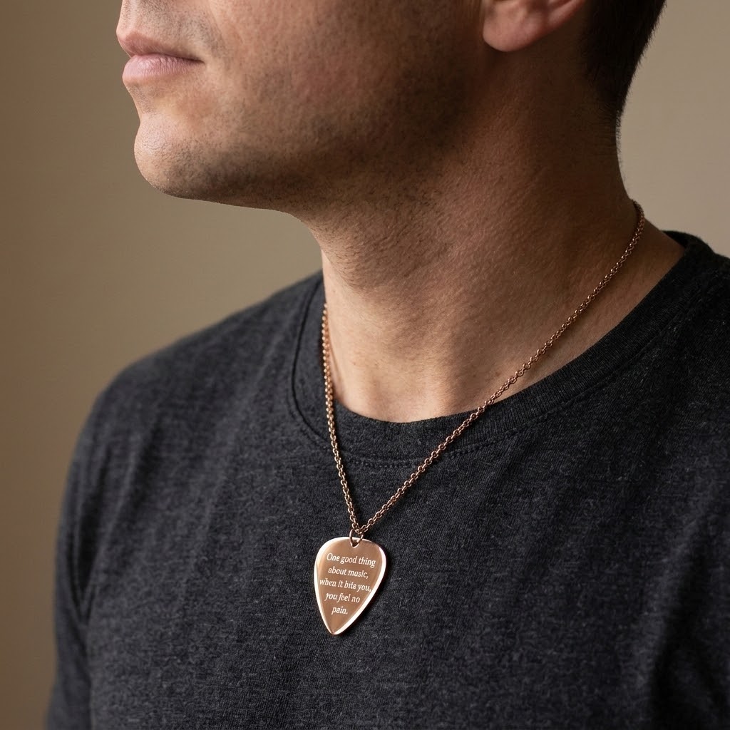 Guld plektrum, Halsband med gravyr - Rostfritt stål - 3