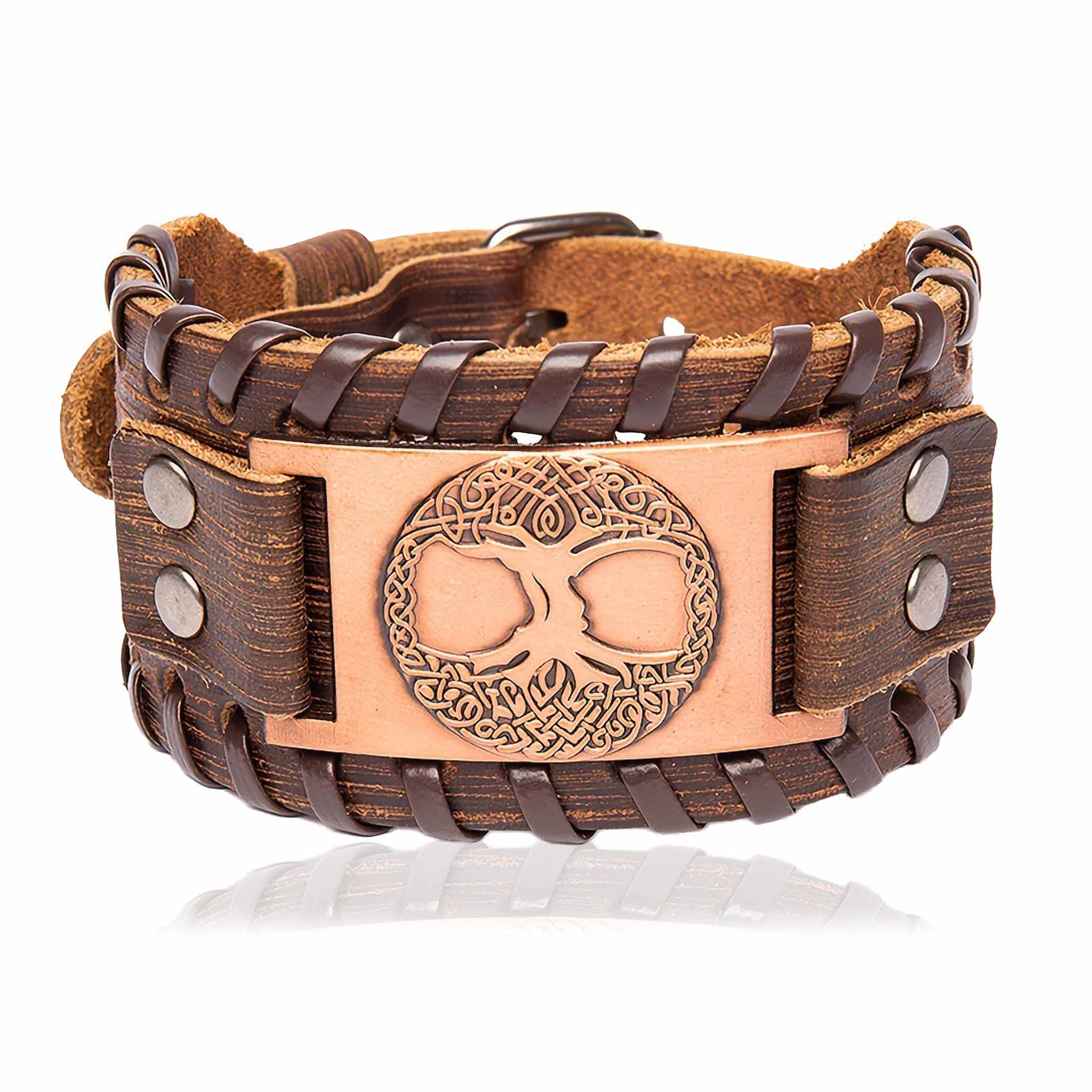 Celtic Yggdrasil bracelet brown leather copper plate