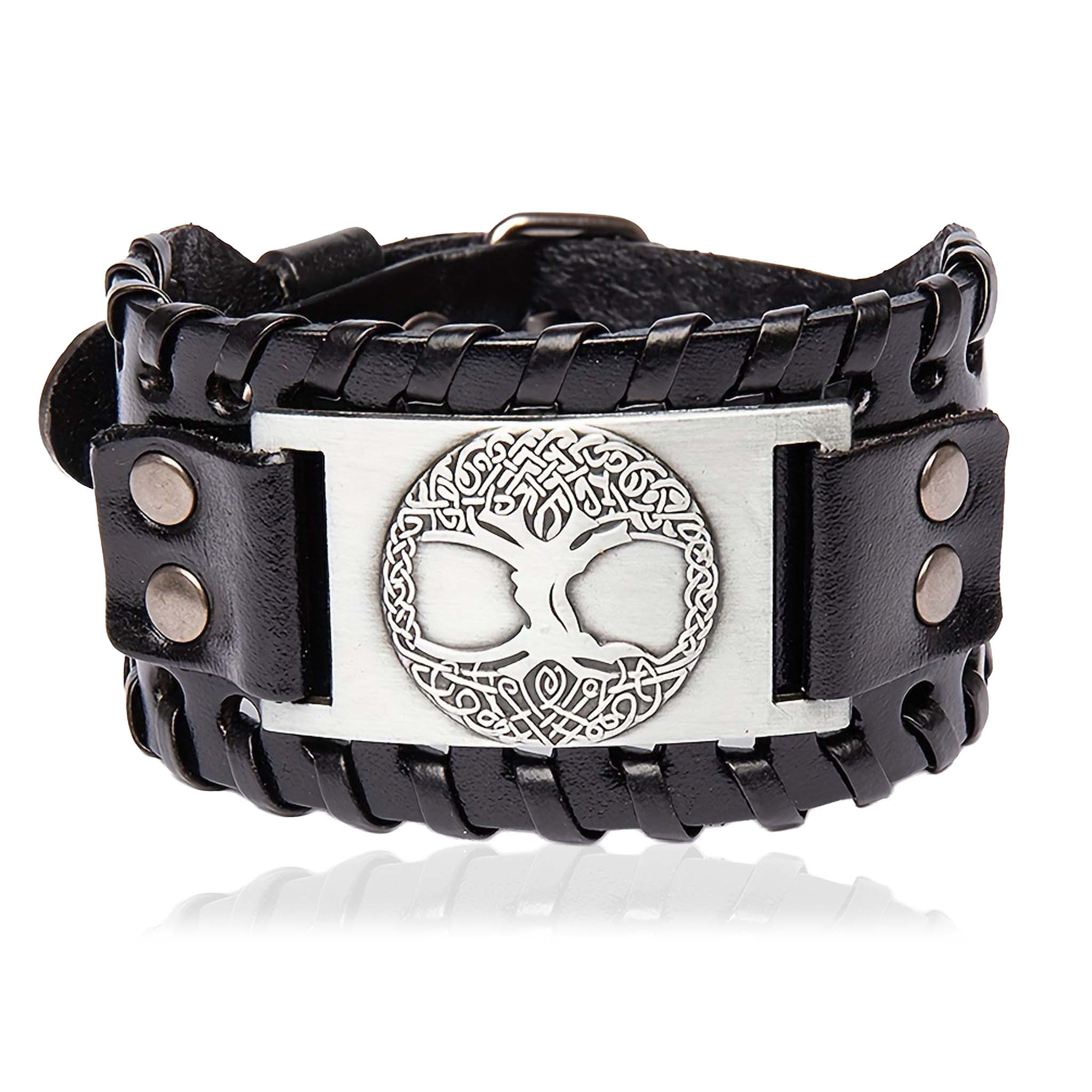 Celtic Yggdrasil bracelet black leather silver plate